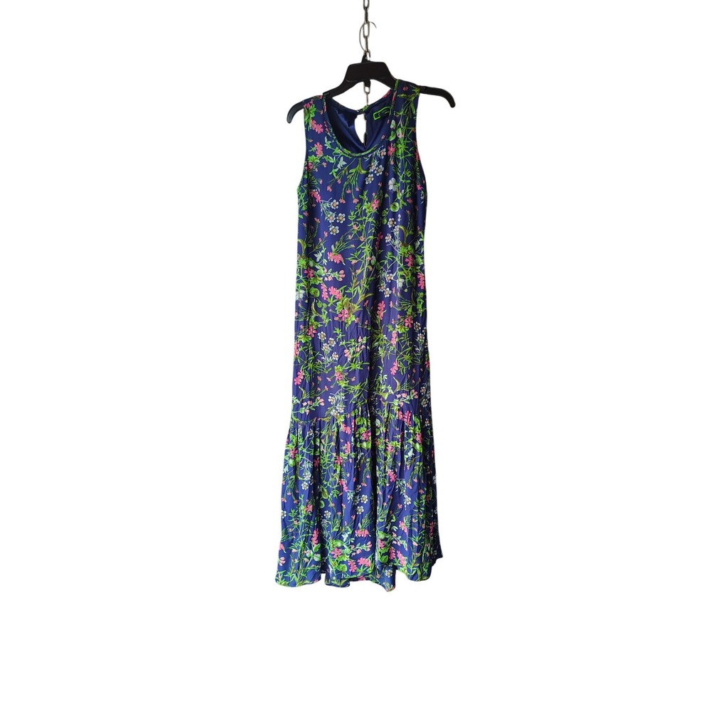 C. Wonder Blue Floral Sleeveless Tiered Maxi Dress Size 4 Womens Round Neck Boho